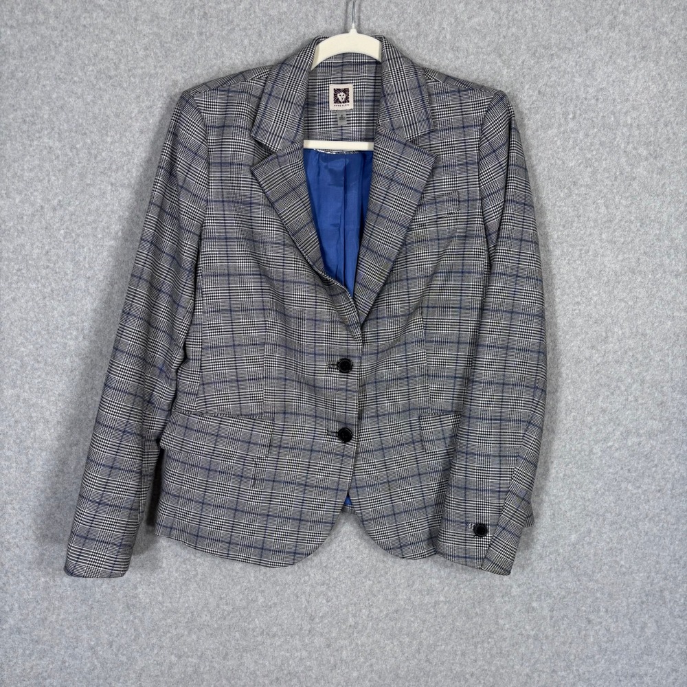 Anne Klein‎ Blazer Size 8 Plaid Check Black Navy Old Money Career Suit Tailored